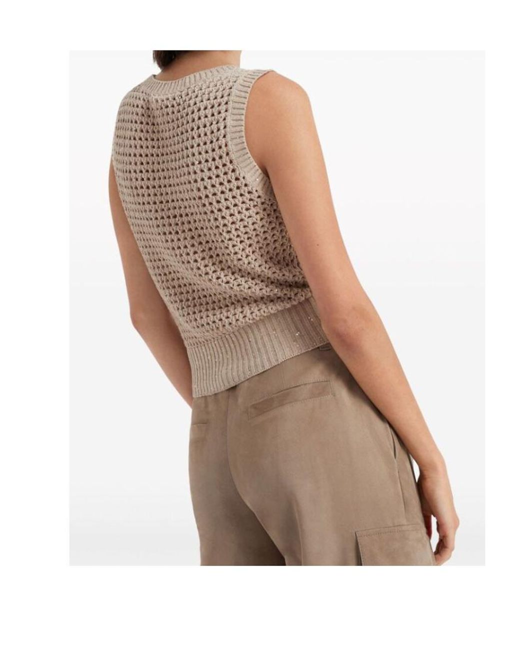 Brunello Cucinelli Natural Sequin Embellished Open Knitted Vest