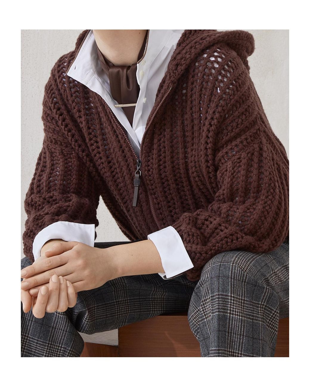 Brunello Cucinelli Brown Openwork Rib Hooded Cardigan