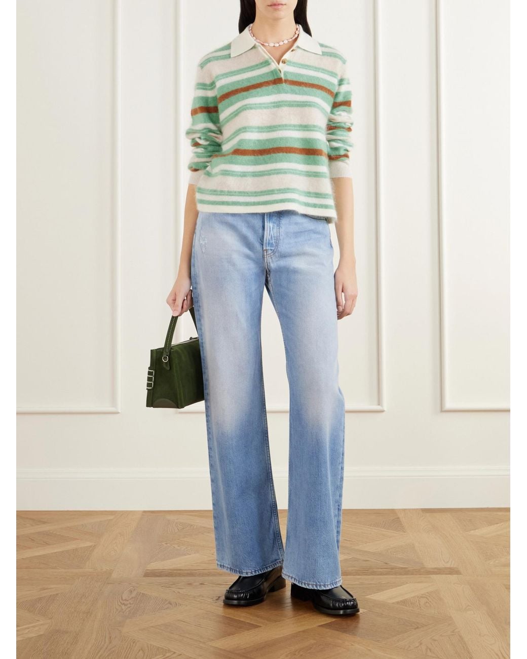 Guest In Residence Green Cropped Striped Brushed Cashmere Polo Sweater