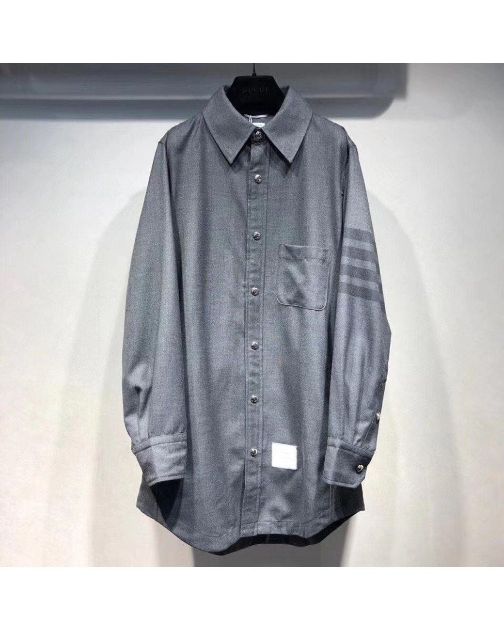 Thom Browne Gray Flannel Tonal-Bar Buttoned Shirt Jacket for men