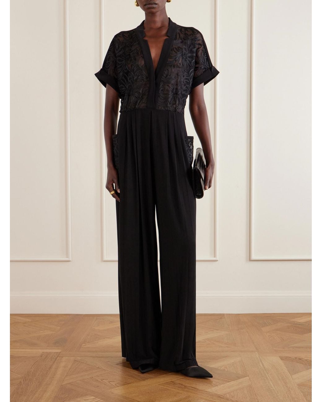 Norma Kamali Black Embroidered Velvet Jumpsuit