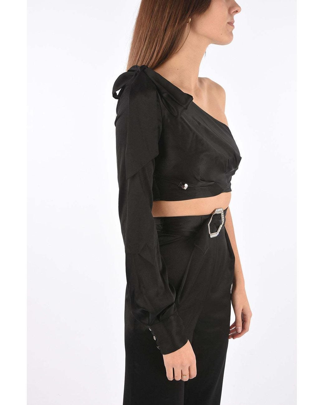 Philipp Plein Black Boot-Cut Set With One-Shoulder Crop Top