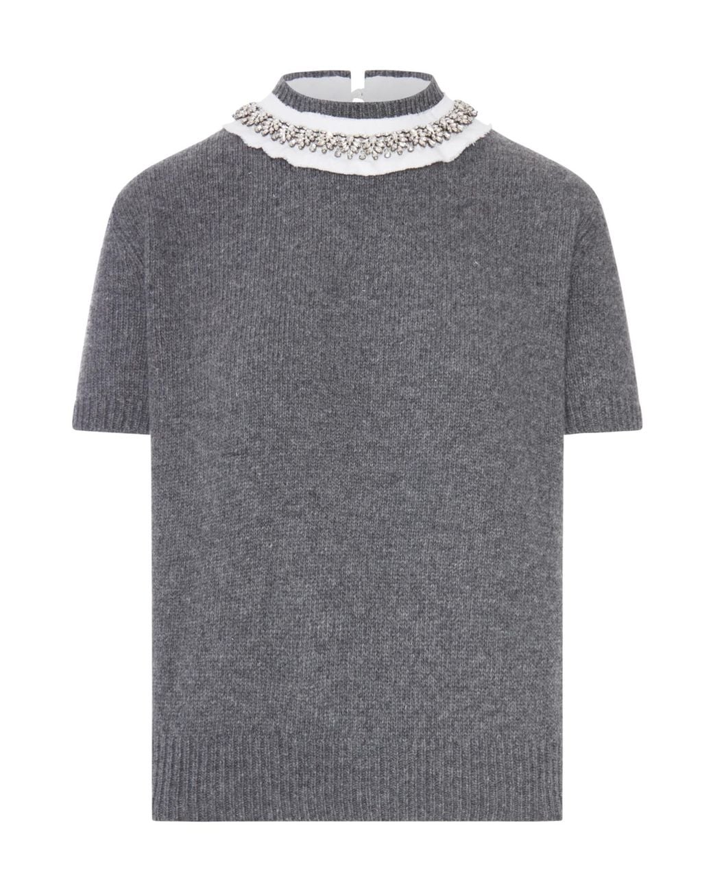 Prada Gray Embellished Collar Short-Sleeved Knitted Jumper