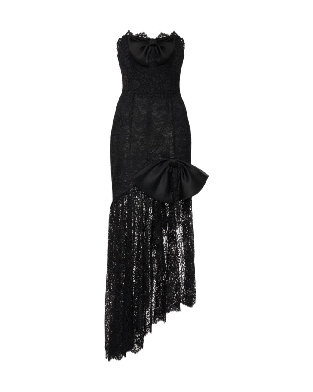 Alessandra Rich Black Bow-Detailed Strapless Asymmetric Silk-Lace Dress