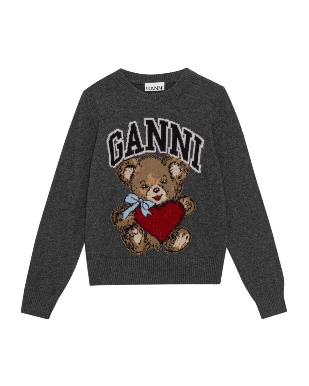 Ganni Gray Graphic Bear Crewneck Jumper