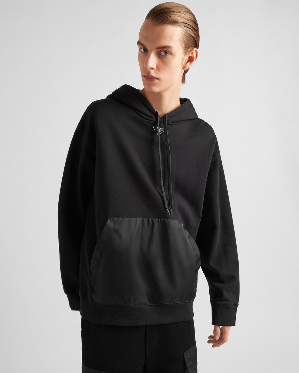 Prada Black Triangle-Logo Drawstring Hoodie for men