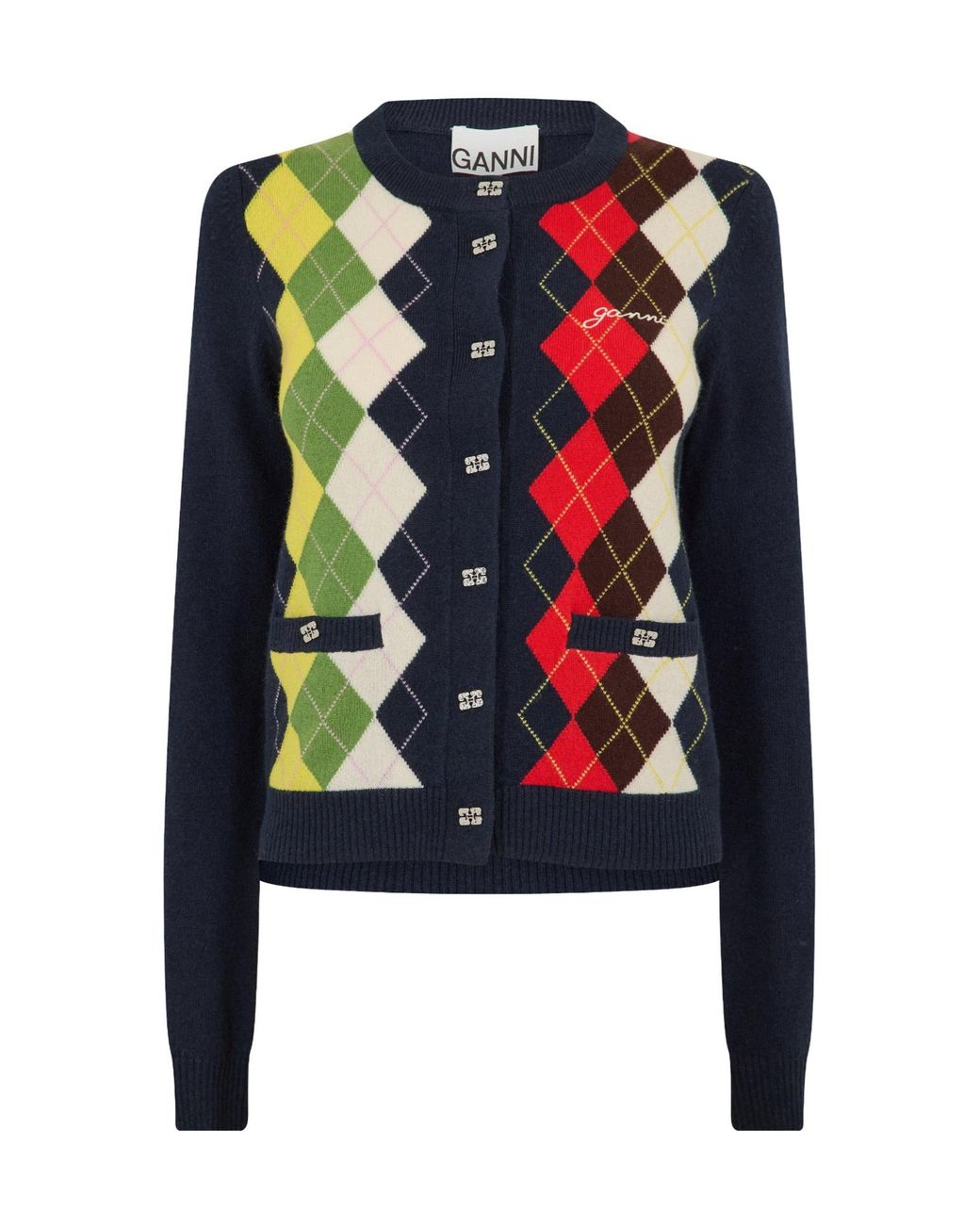 Ganni Black Argyle Knit Cardigan