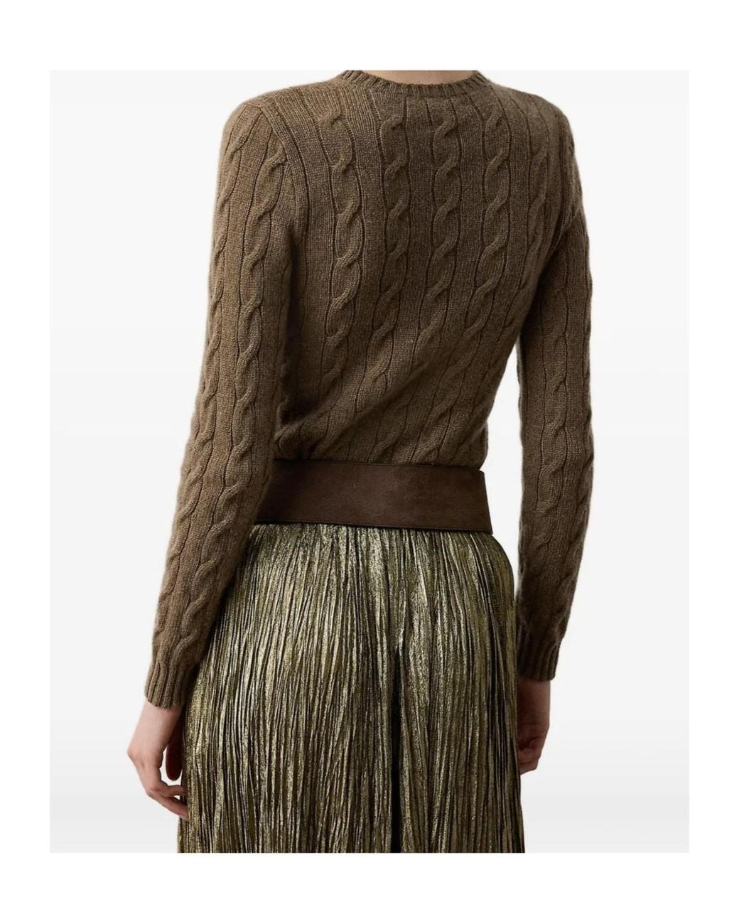 Ralph Lauren Brown Cable-Knit Cashmere Crewneck Sweater
