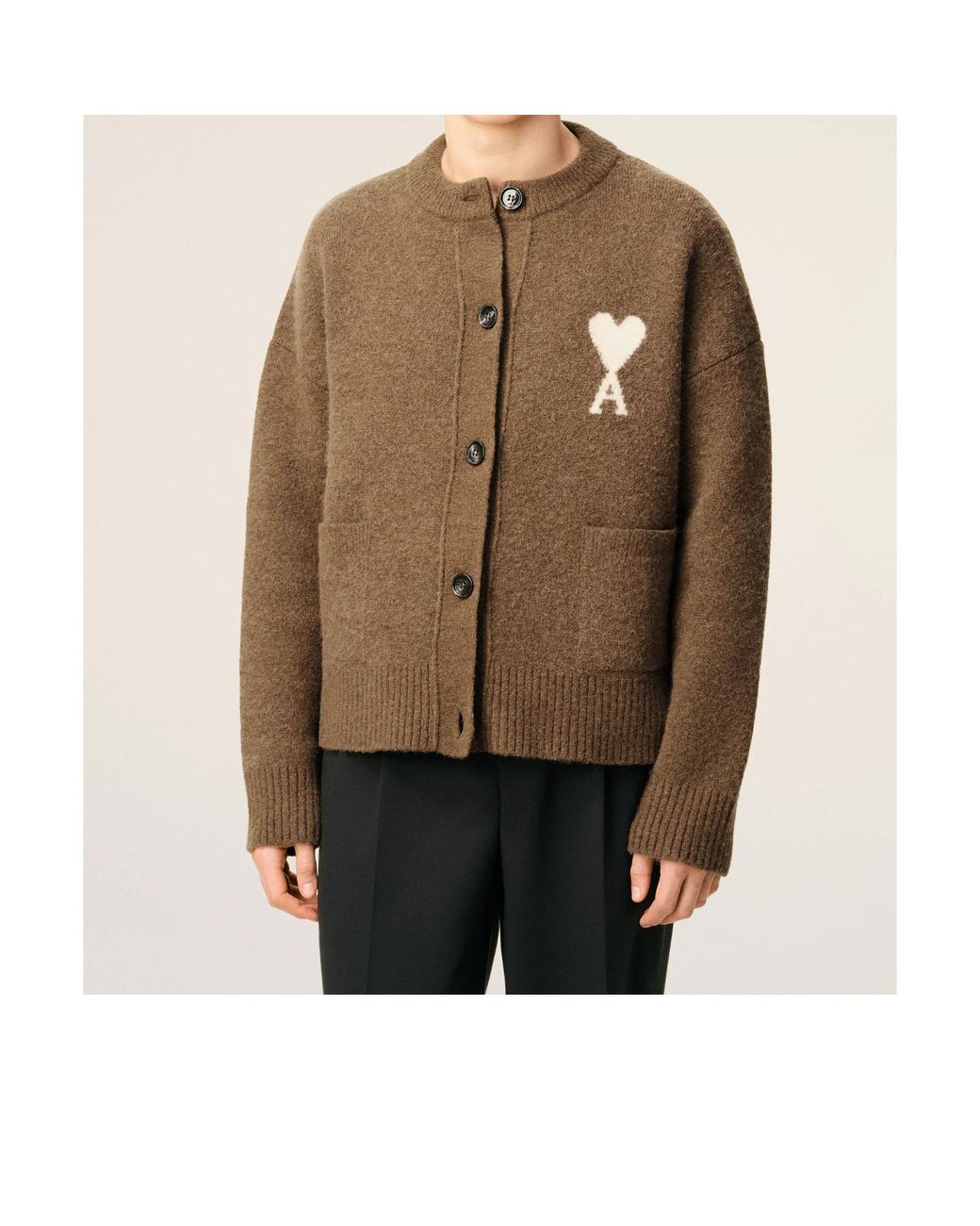 AMI Brown Logo Detailed Knitted Cardigan for men