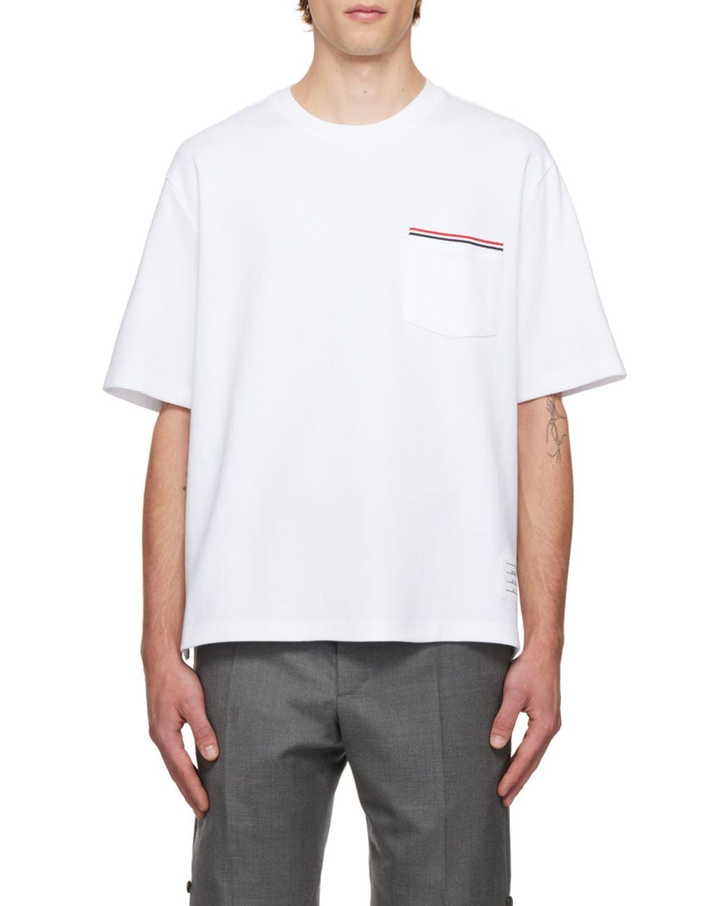 Thom Browne White Striped Trim Pocket T-Shirt for men