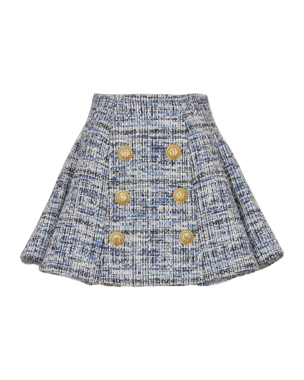 Balmain Blue Tweed Skirt With Pleats