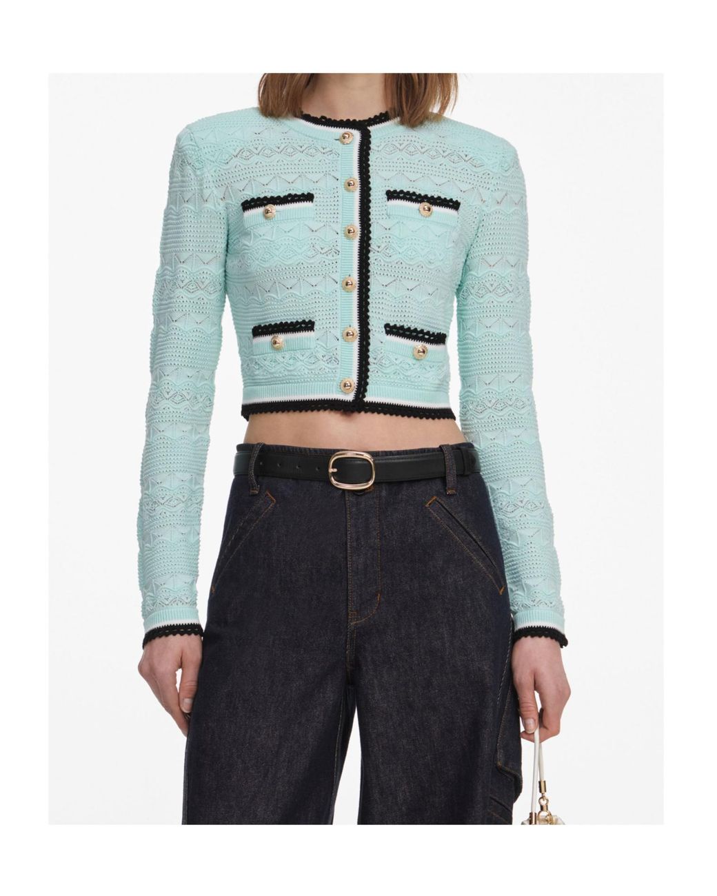 Self-Portrait Blue Pointelle Cropped Cardigan