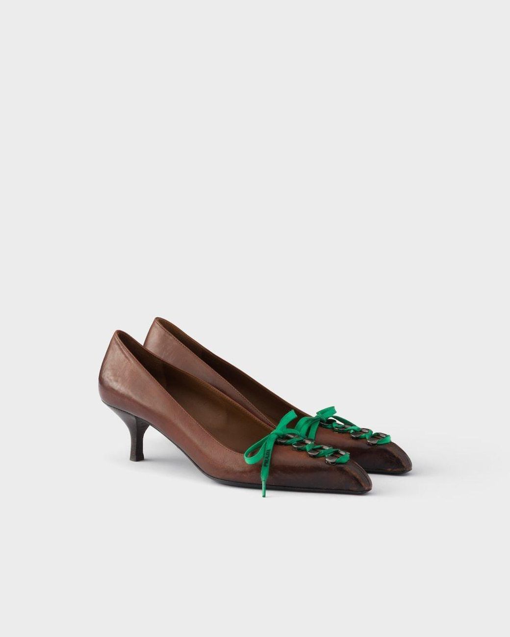 Prada Brown Lace-Up Kitten Heeled Pumps