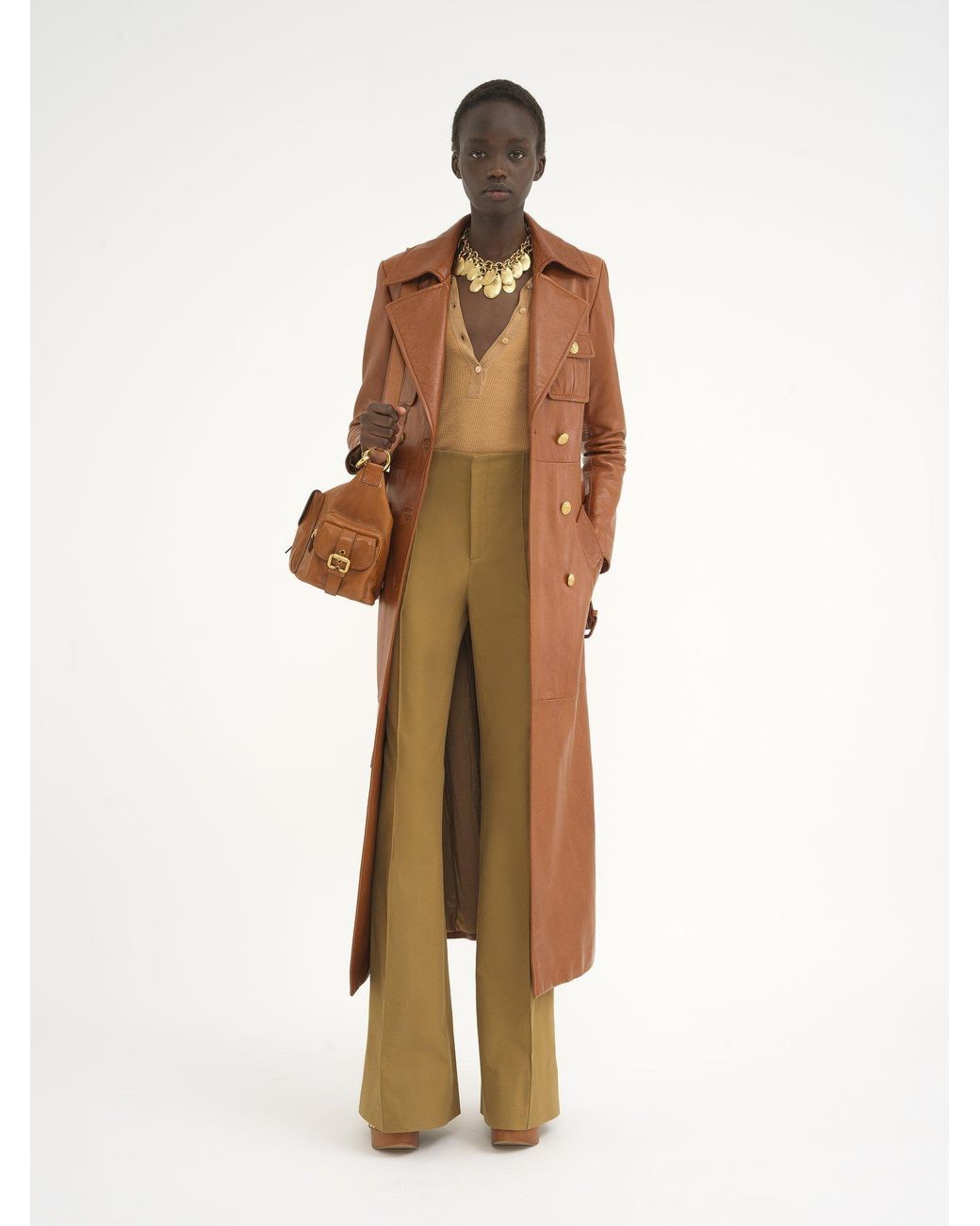 Chloé Brown Leather Military Trench Coat