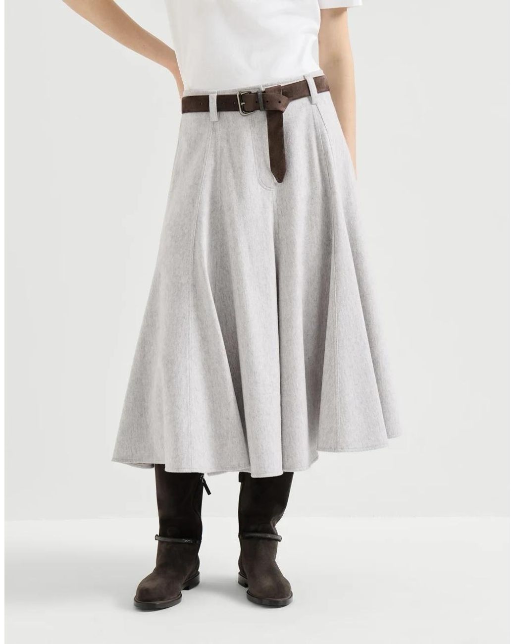 Brunello Cucinelli Gray Wool Flannel Flared Skirt With Monili