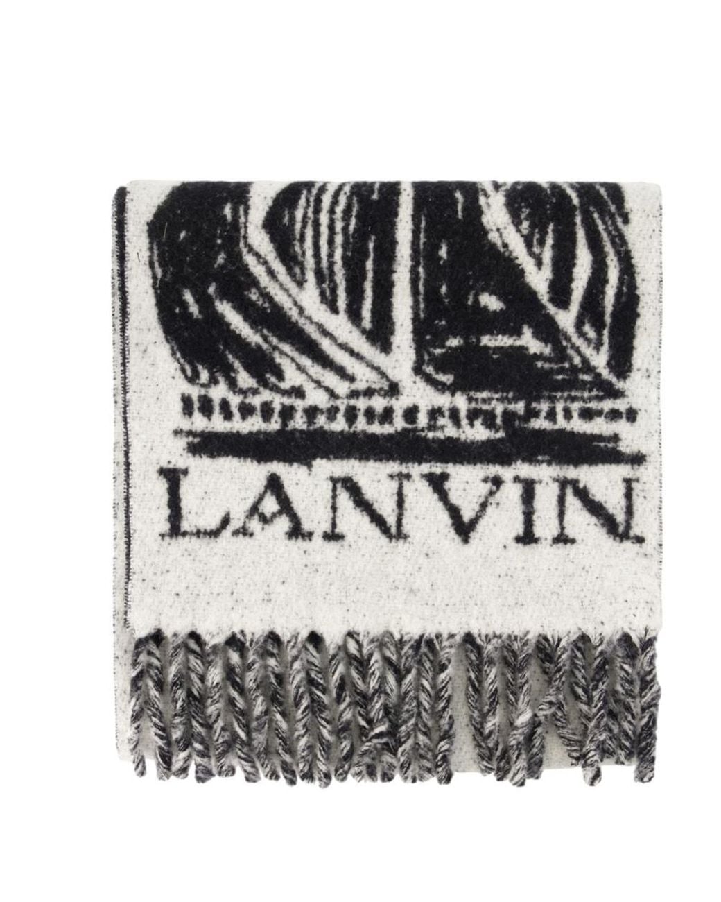 Lanvin White Logo Printed Fringed Edge Scarf