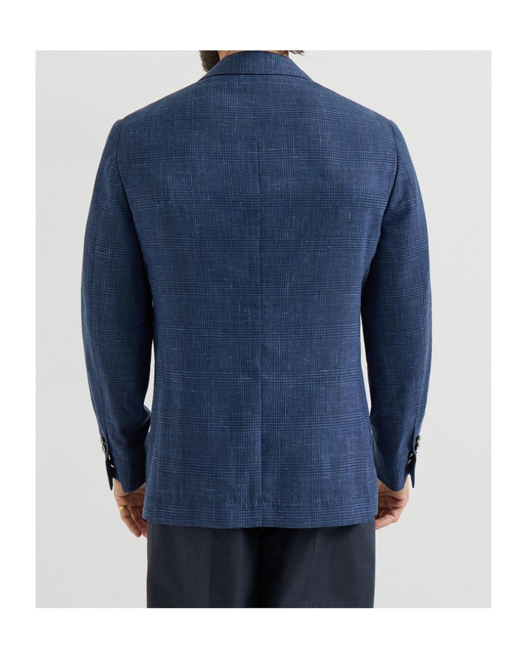Brunello Cucinelli Blue Wool, Silk And Linen Prince Of Wales Deconstructed Blazer With Patch Pockets And Metal Buttons for men