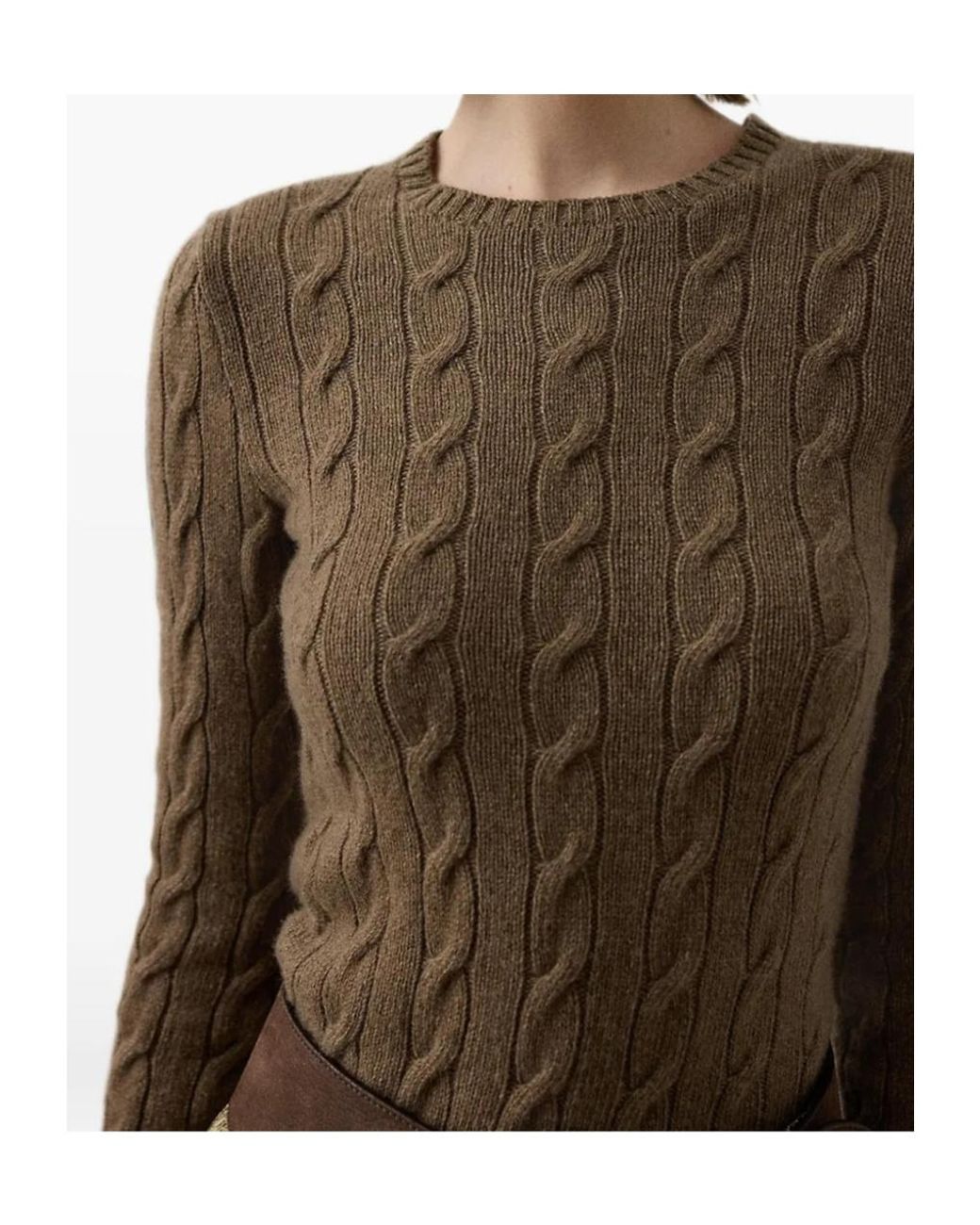 Ralph Lauren Brown Cable-Knit Cashmere Crewneck Sweater