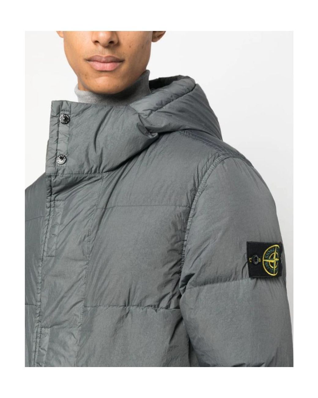 Stone Island Gray Compass-Motif Duck-Down Hooded Coat for men