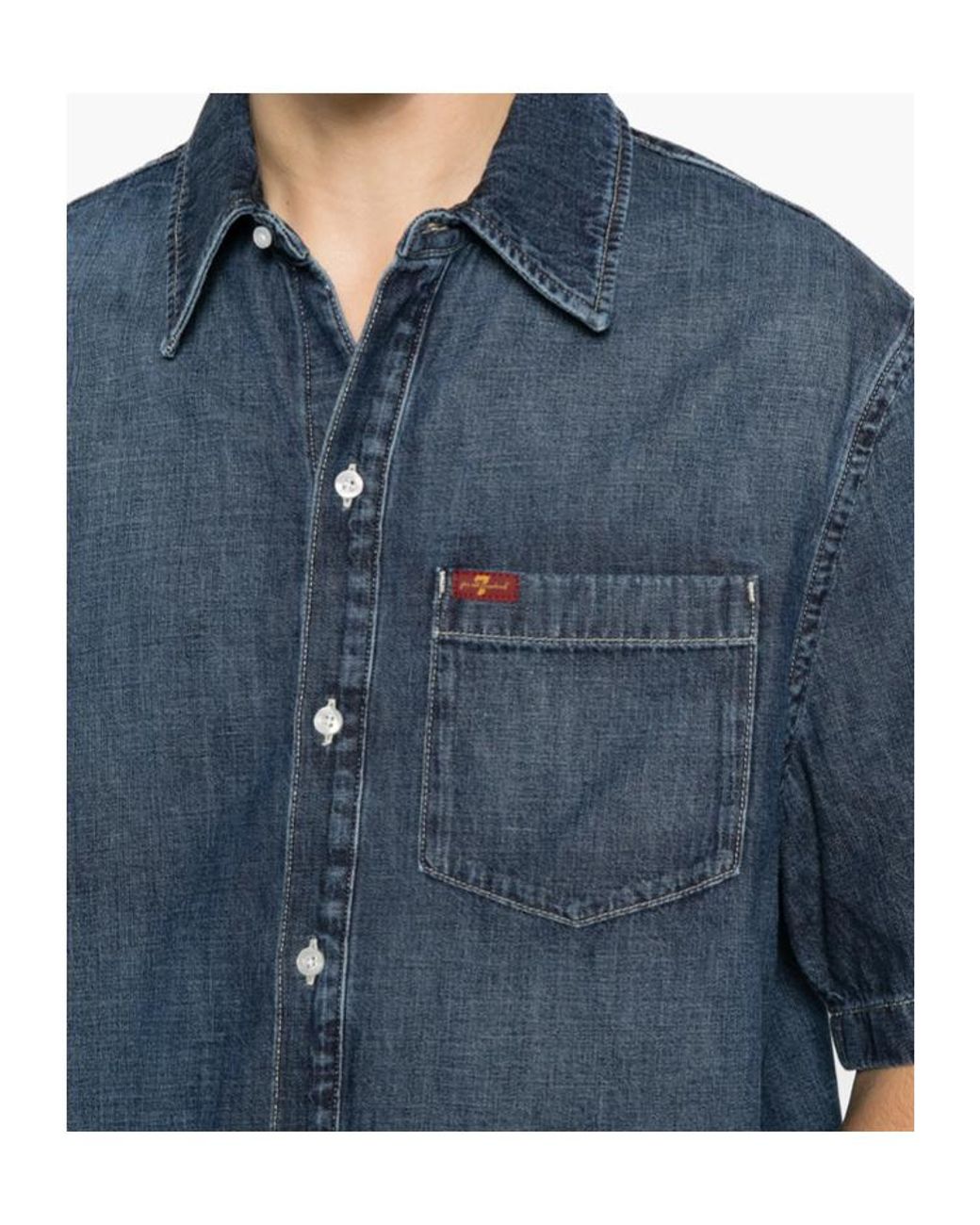 7 For All Mankind Blue Short-Sleeve Chest-Pocket Shirt for men