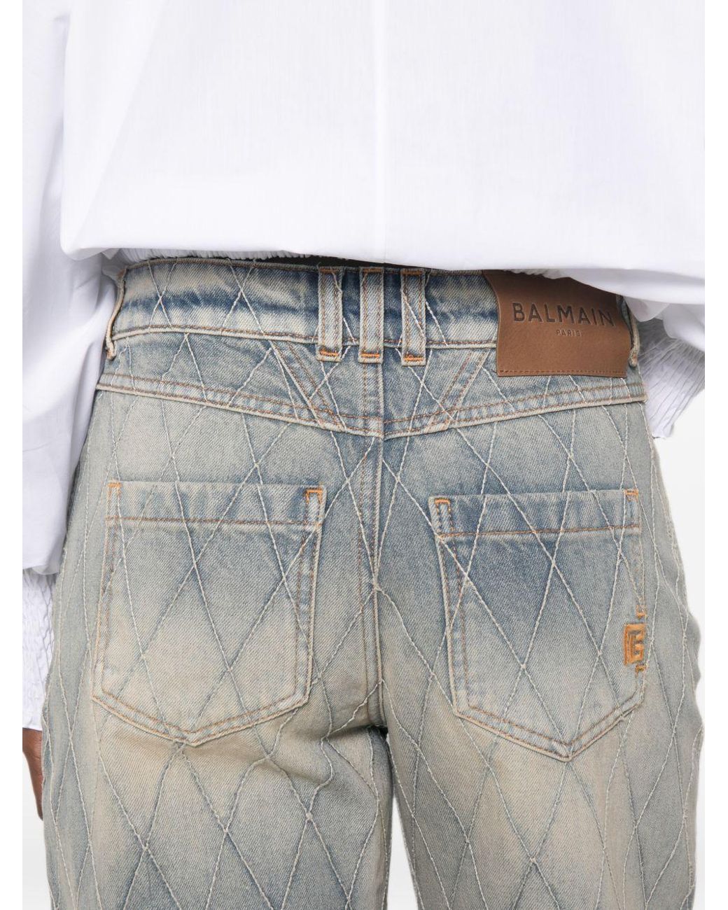 Balmain Blue Diamond-Quilted Wide-Leg Jeans