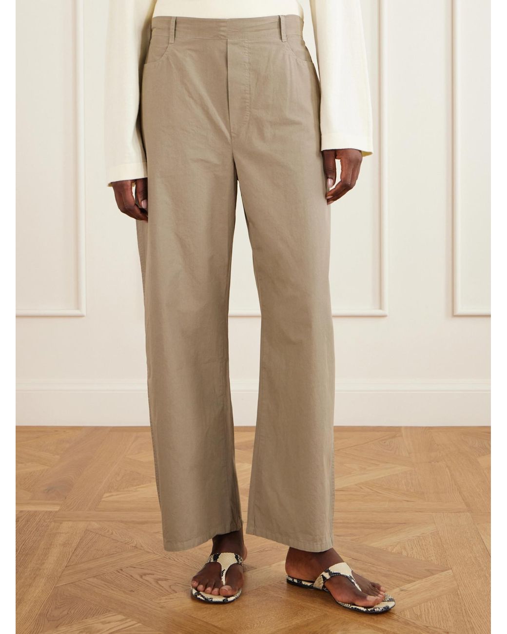 Leset Natural Kyoto Cotton-Poplin Low-Rise Wide-Leg Pants