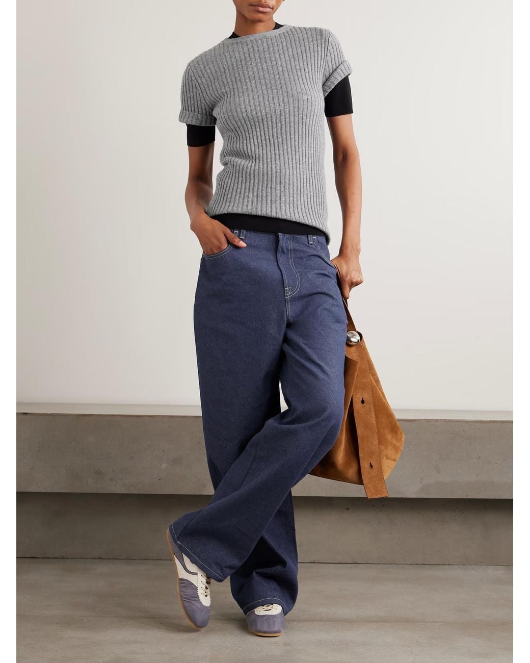 The Elder Statesman Gray Ribbed Cashmere Short-Sleeved Knit Sweater