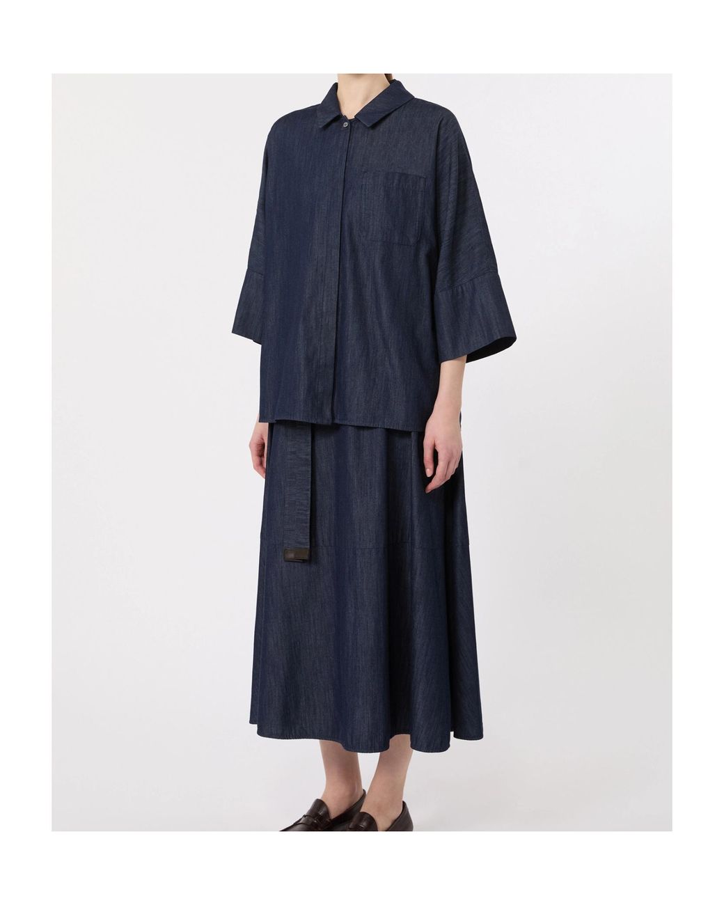 Max Mara Blue Belted Denim Midi Skirt