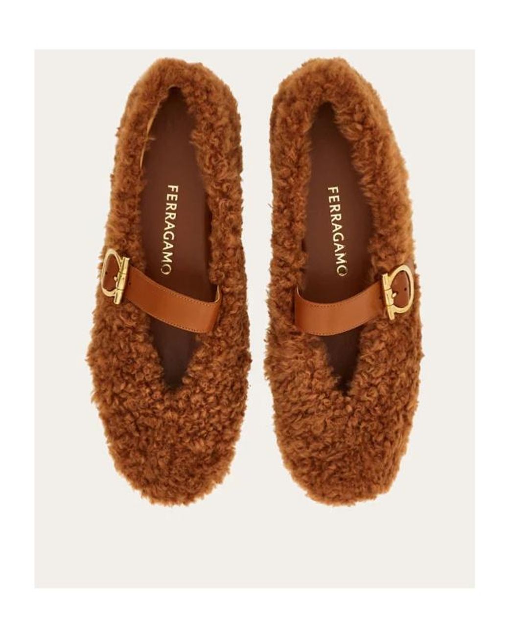 Ferragamo Brown Ferragamo Shearling Buckled Slip-On Ballet Flats