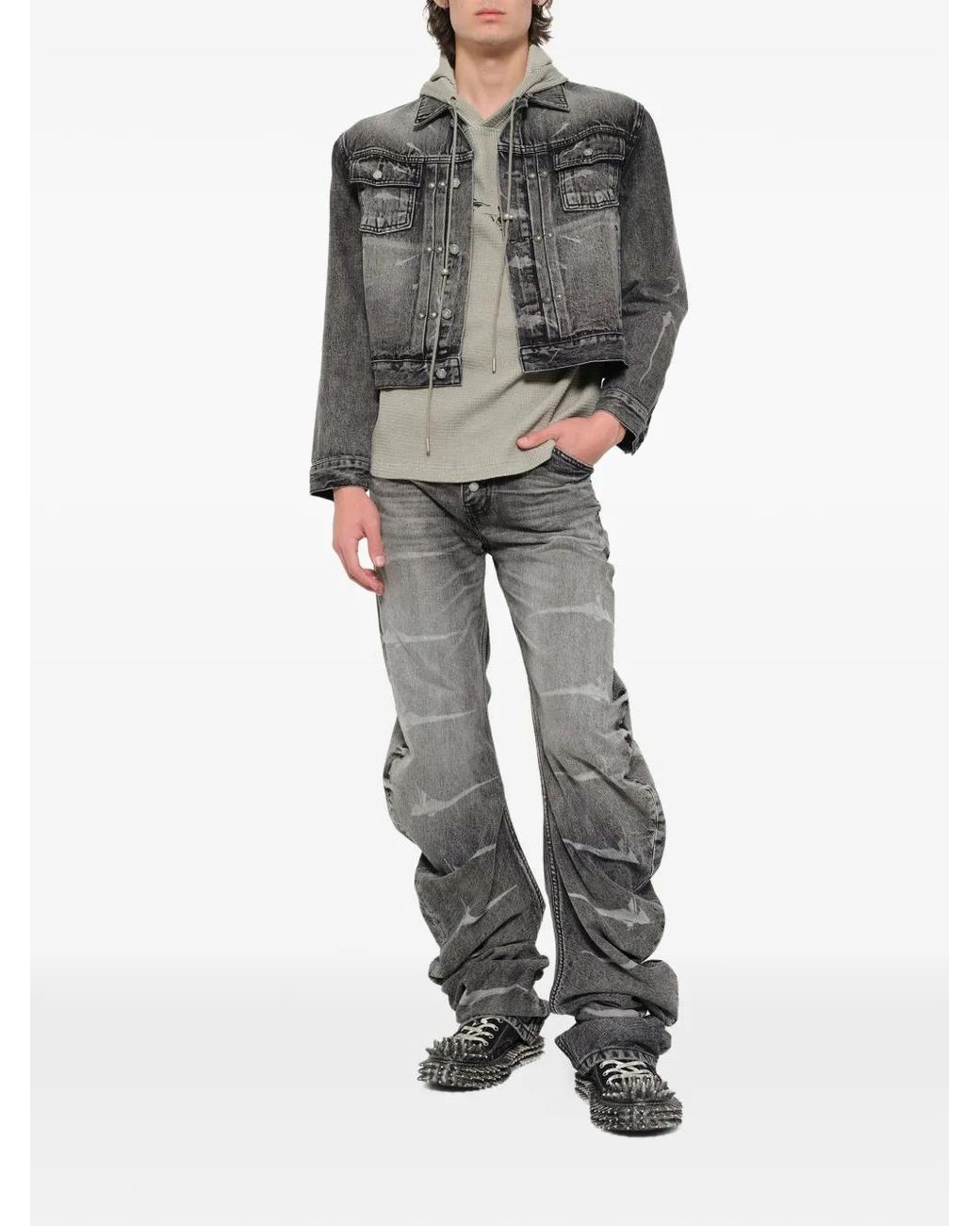THUG CLUB Gray Laser Washed Parkour Long Jeans for men