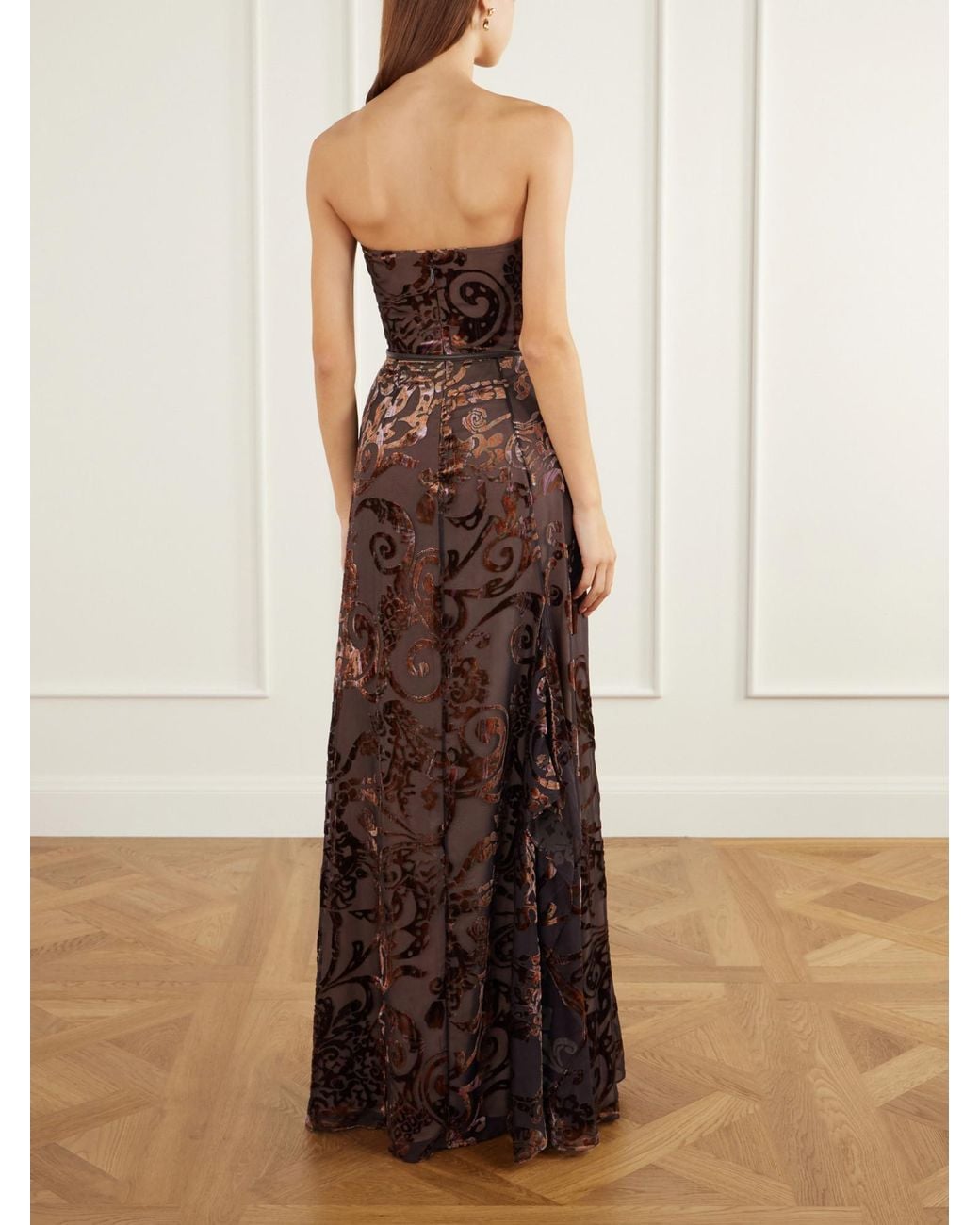 Elie Saab Brown Strapless Belted Devoré Silk-Blend Velvet Gown