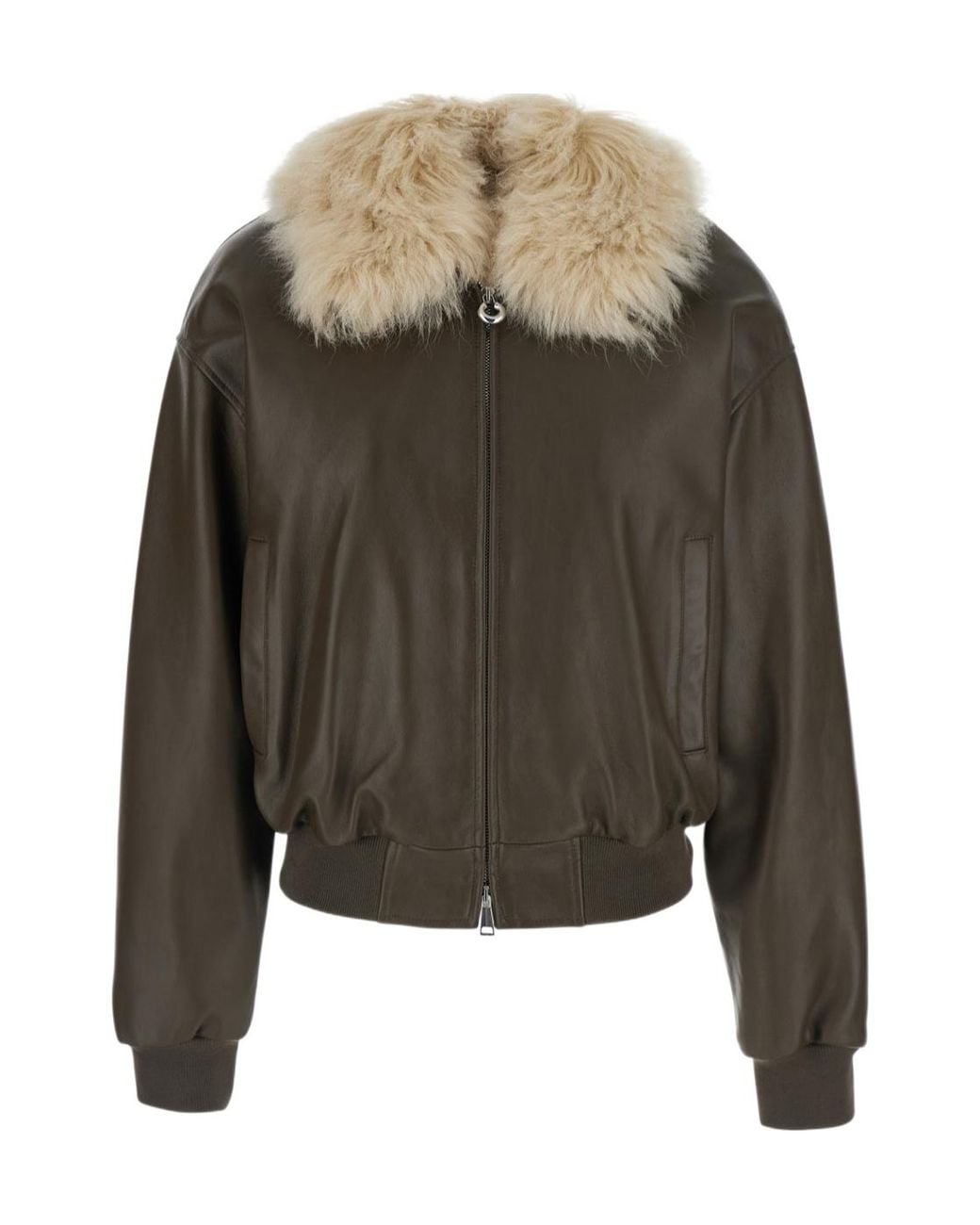 Grifoni Green Detachable Collar Leather Jacket