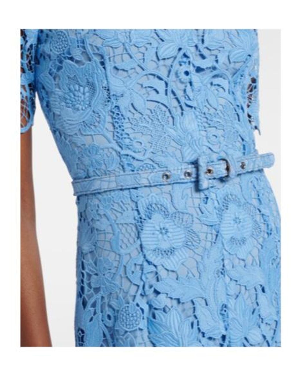 Monique Lhuillier Blue Belted Lace Midi Dress