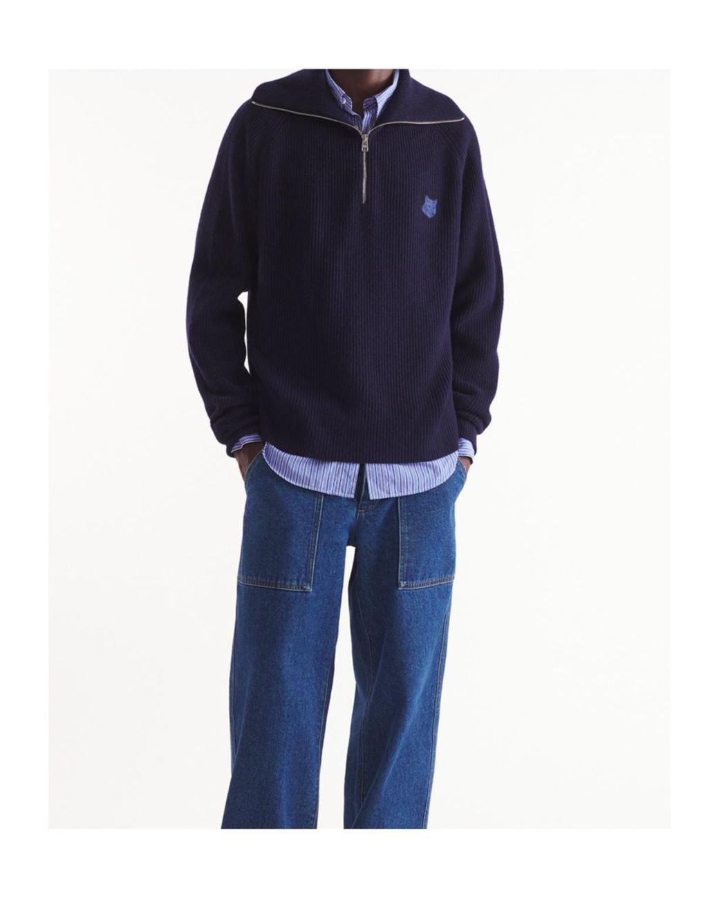 Maison Kitsuné Blue Maison Kitsuné Fox-Patch Long-Sleeved Waffle-Knitted Jumper for men