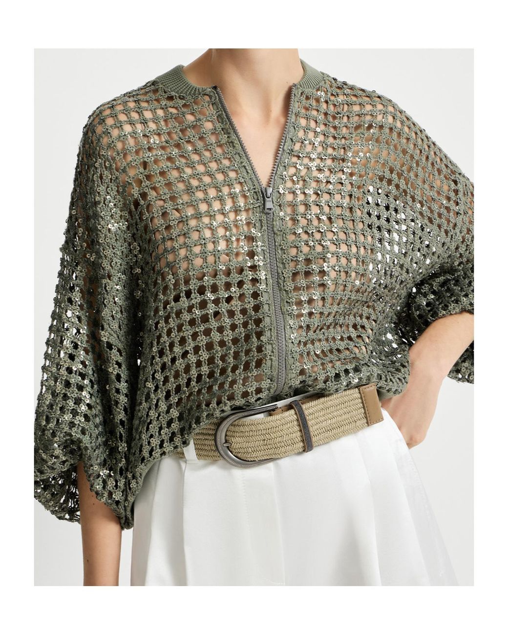 Brunello Cucinelli Green Dazzling Net Embroidery Cardigan