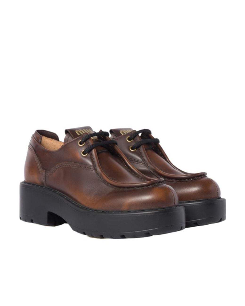 Miu Miu Brown Logo-Patch Round-Toe Loafers