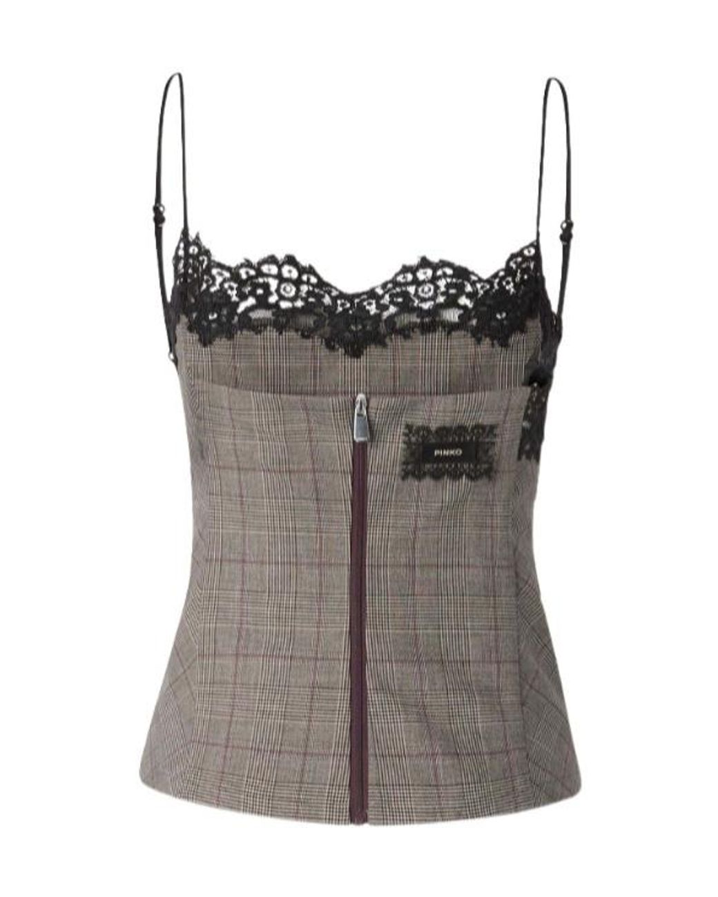 Pinko Brown Check Top With Lace