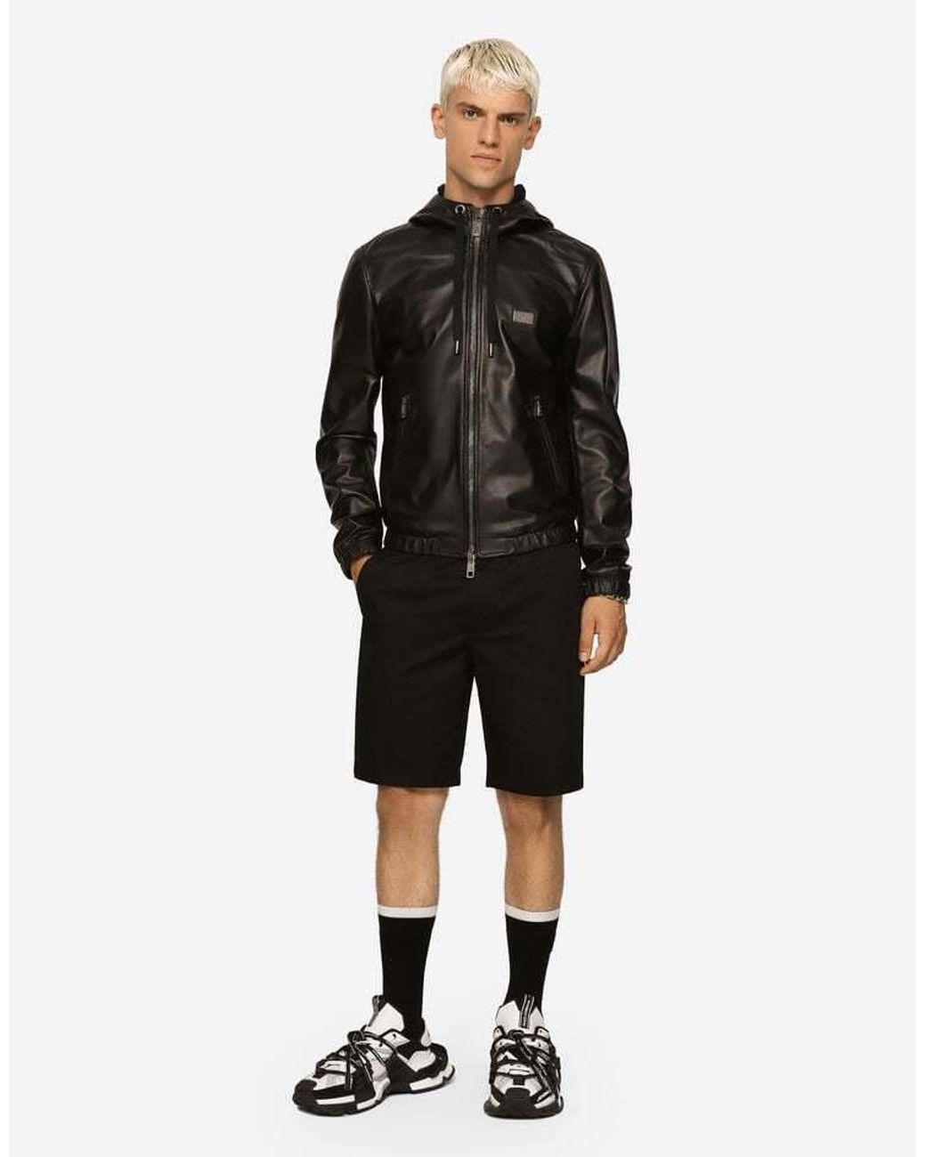 Dolce & Gabbana Black Logo-Tag Hooded Leather Jacket for men
