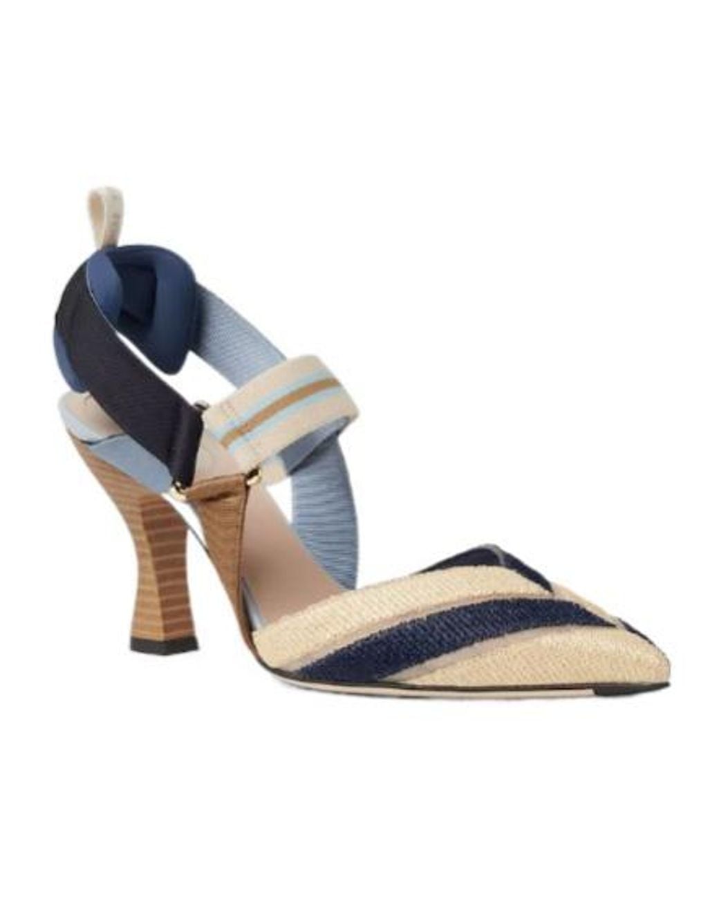 Fendi Blue 85Mm Colibri Mixed-Media Raffia Slingback Pumps