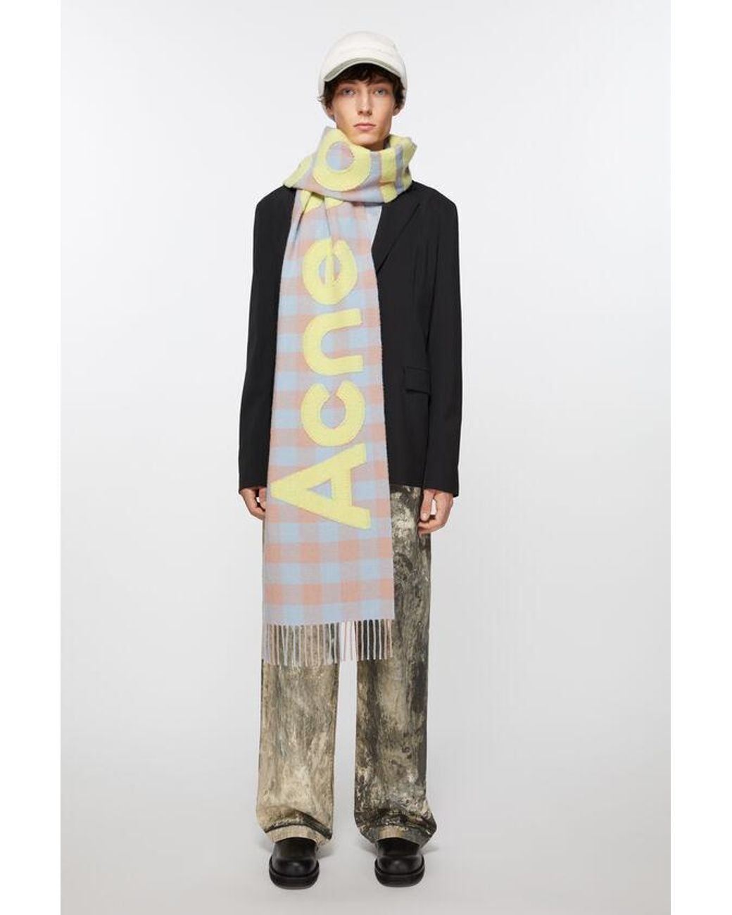 Acne White Checkered Logo Detailed Scarf for men