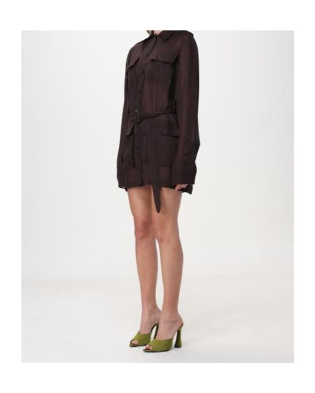 Saint Laurent Brown Saharienne Belted Long-Sleeved Dress