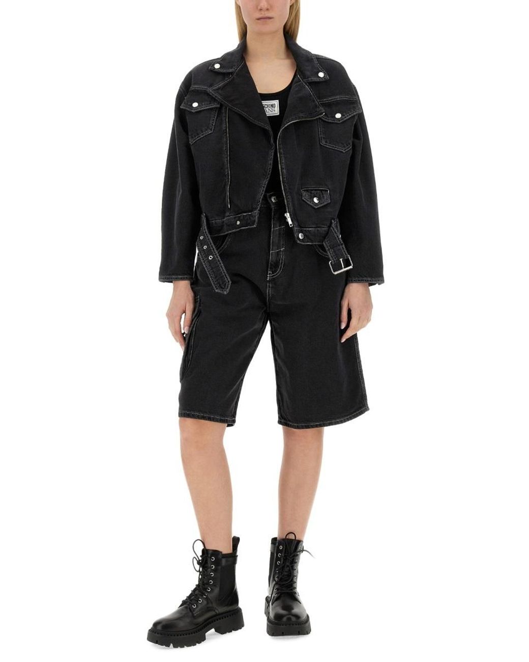 Moschino Black Jeans Zipped Belted Denim Biker Jacket