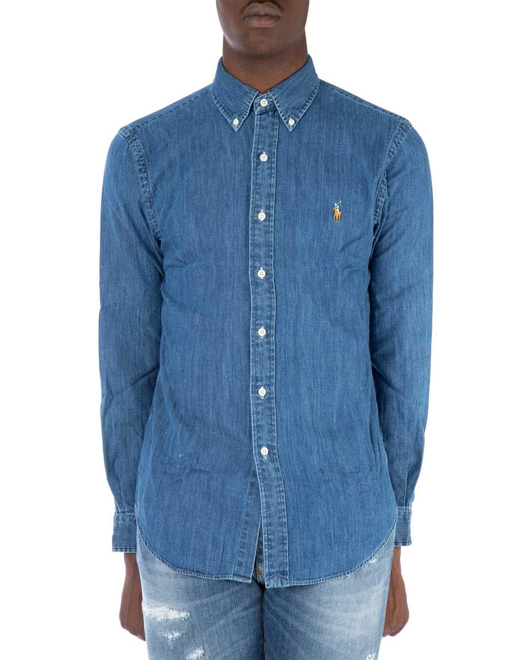 Ralph Lauren Blue Polo Logo Embroidered Denim Shirt for men