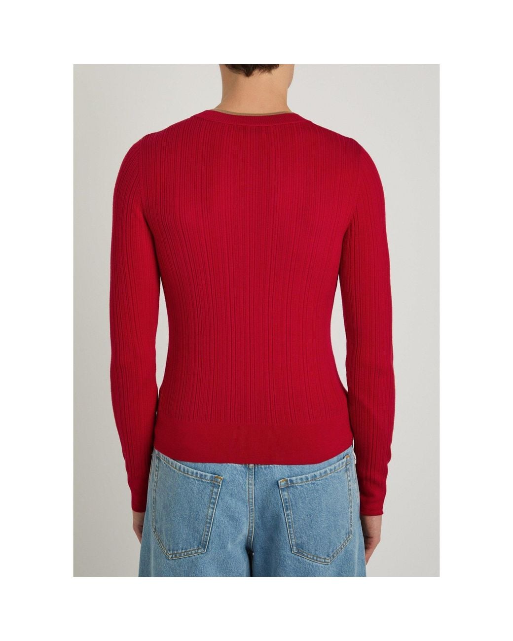 Dries Van Noten Red Round-Neck Vertical Ribbed Knit Top for men