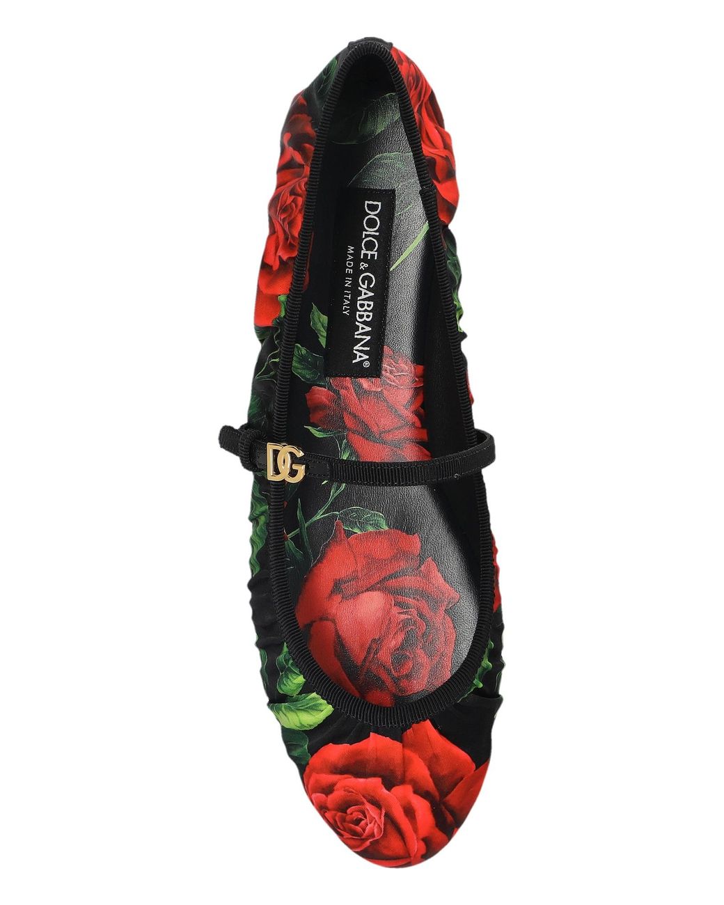 Dolce & Gabbana Red Rose-Print Satin Ballet Flats