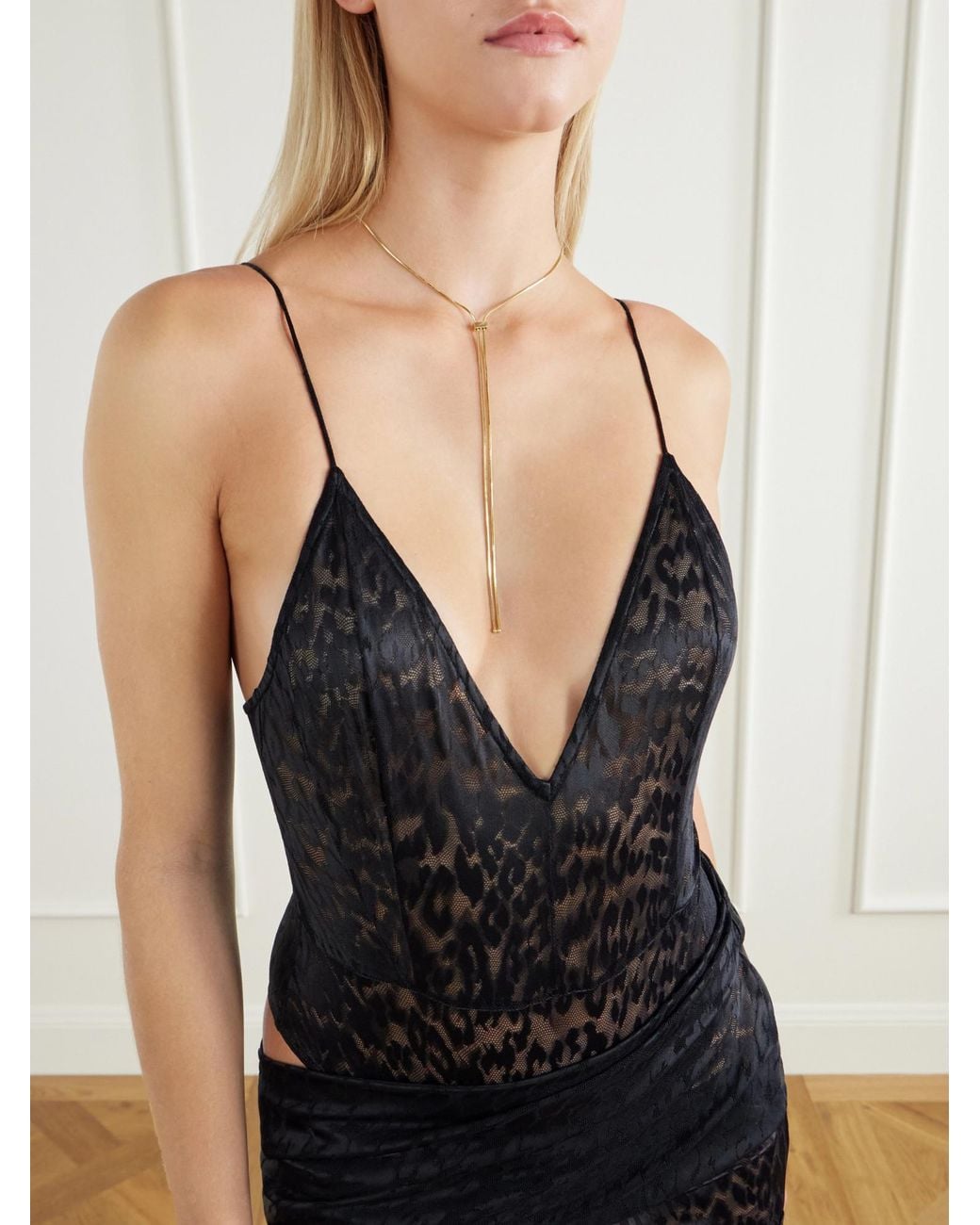 Alex Perry Black Draped Cut-Out Leopard-Print Lace Maxi Dress