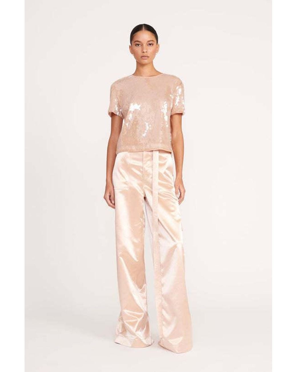 Staud Natural Belted Satin-Finish Palazzo Pants