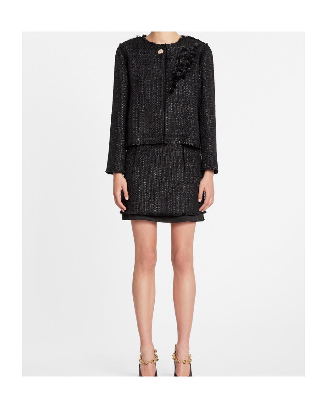 Lanvin Black Appliqué-Detail Fringed Tweed Jacket