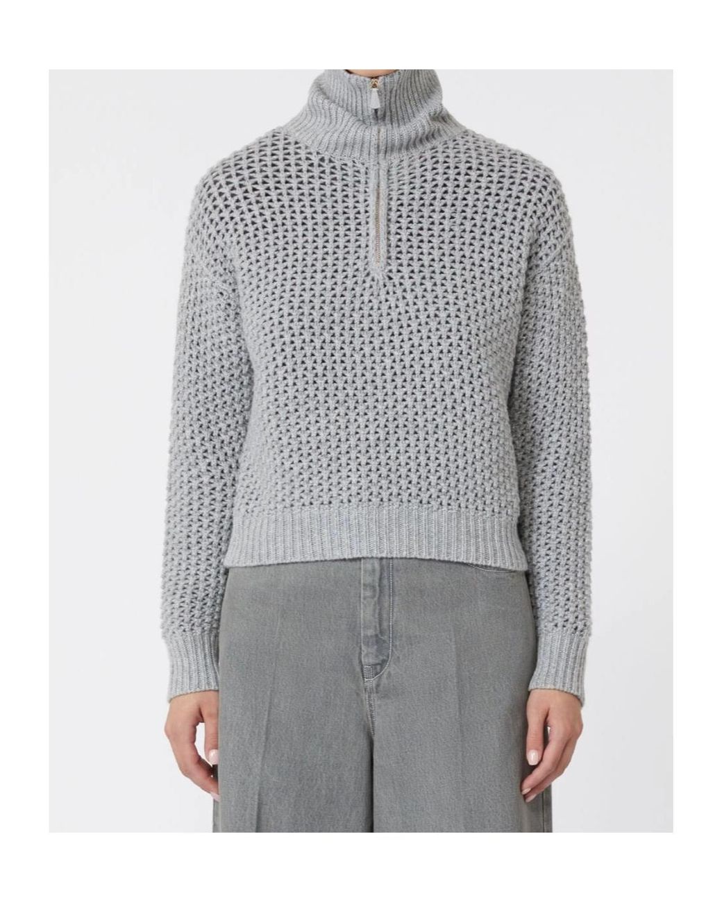 Max Mara Gray Tequila Open-Knit Zip Detailed Jumper