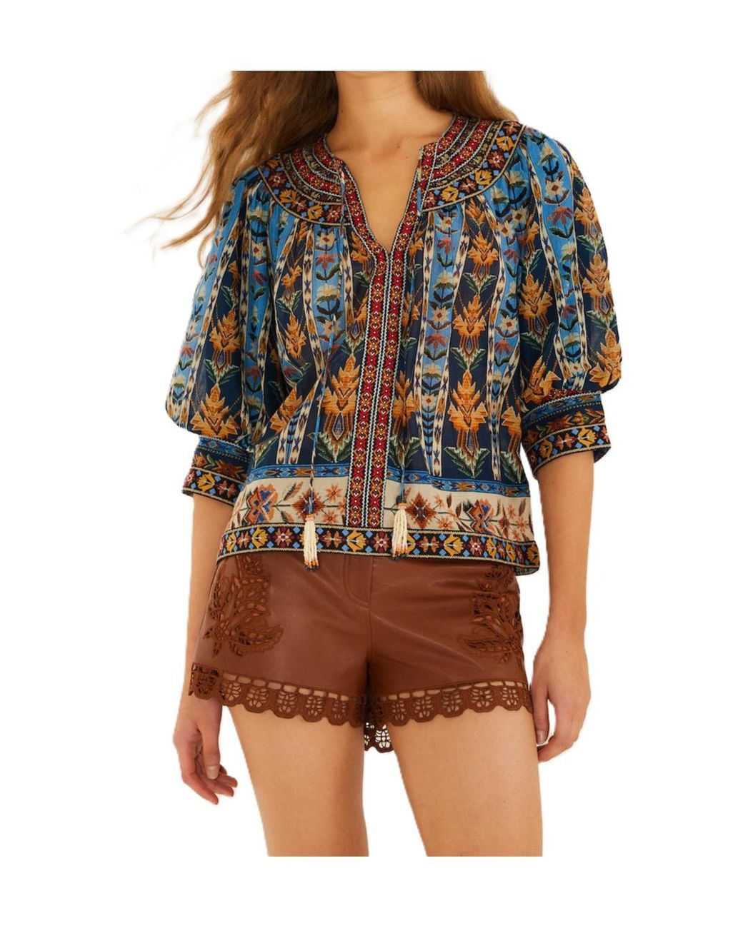 Farm Rio Blue Dress Embroidered Tapestry With Short Sleeves And Embroidery